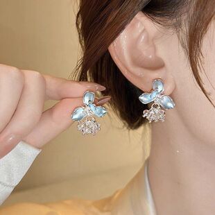 优雅耳钉耳环蓝色花朵高级感甜美流苏滴油女小众气质水晶轻奢耳饰