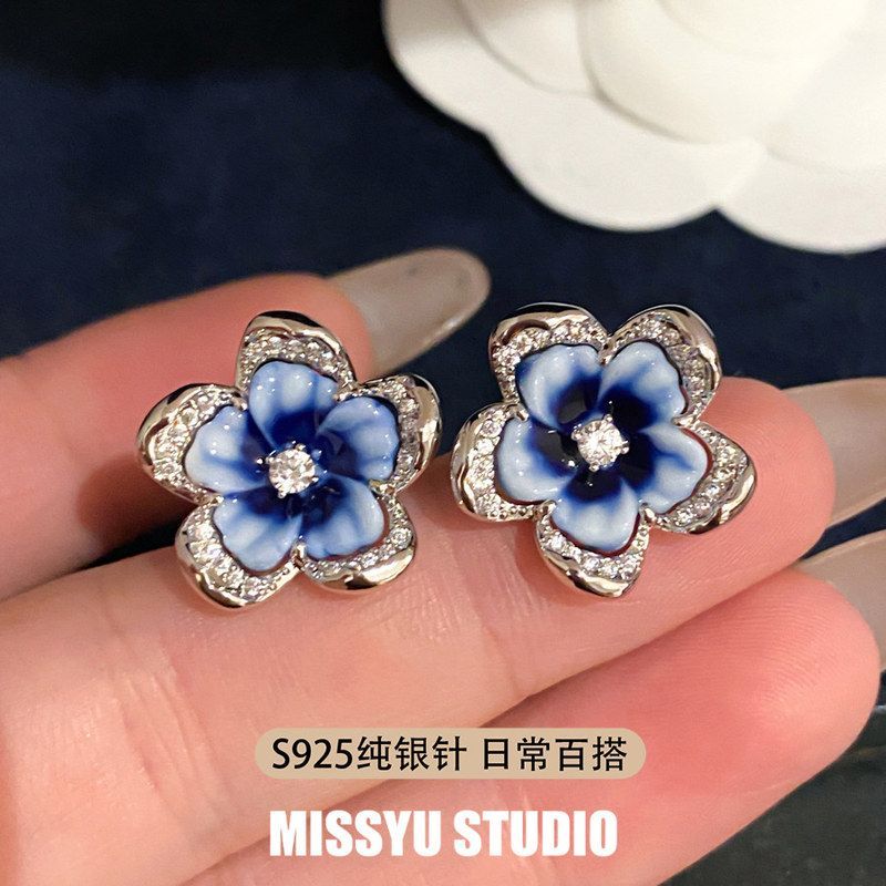 青花瓷纯银耳饰耳环耳钉S925国风