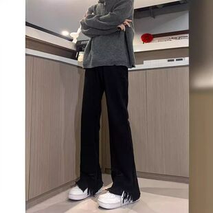 男黑色美式修身破洞毛边春季高街直筒牛仔裤微喇裤vibe裤子设计感