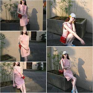 多巴胺甜美少女粉色格纹连衣裙女性夏季新温柔风格无袖吊领短裙