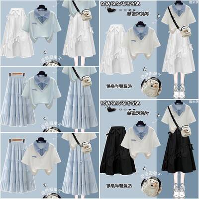 少女夏装2026新款学院风假两件洋装女夏短袖女大童甜美裙子套装