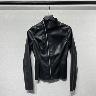 秋冬款暗黑R风O格机车女士修身斜边拉链高领PU薄款皮衣夹克外套