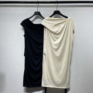 2024夏季暗黑R风O纯色棉质双层拼接堆堆领女士宽松休闲无袖连衣裙