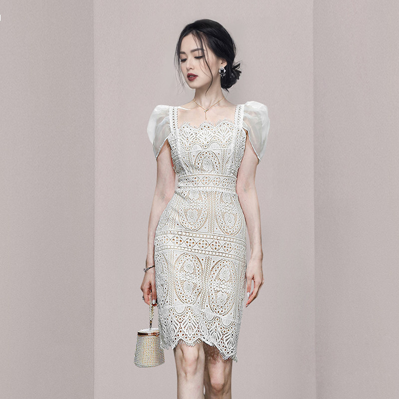 高定轻奢女装2021新款高级感职业ol气质女神范修身包臀蕾丝连衣裙