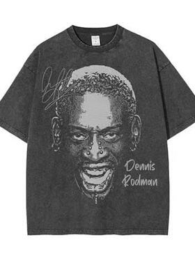 罗德曼Rodman美式水洗做旧复古篮球嘻哈小领口纯棉印花男女短袖