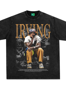 欧文美式复古数码直喷印花圆领短袖水洗做旧高街纯棉T恤宽松男潮