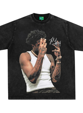 杰伦格林美式复古数码直喷印花圆领短袖水洗做旧高街纯棉T恤宽松