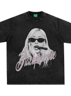 rose美式复古数码直喷印花圆领短袖水洗做旧高街纯棉T恤宽松男潮