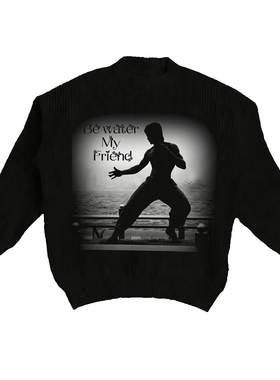 原创李小龙数码直喷印花美式大印花秋冬保暖毛衣潮流男女白针织衫