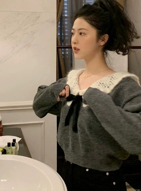 AY 胡斑toohot 0916/ 马海毛甜美灰色蝴蝶结娃娃领毛衣针织