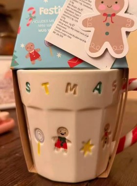 Pri圣诞节主题陶瓷水杯可爱卡通姜饼人糖果手柄马克牛奶早餐杯子