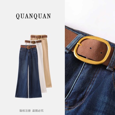 卡其色微喇牛仔裤女秋冬季不贴腿小个子高腰显瘦喇叭拖地裤