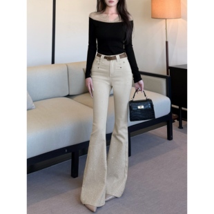 奶茶色微喇烫钻牛仔裤女秋冬新款加绒高腰小众设计感高个子拖地裤