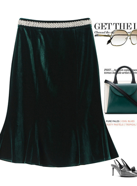 春装金丝绒中长裙高腰韩版墨绿鱼尾裙半裙大码女裙黑色及膝包臀裙