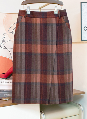 复古通勤格纹冬季新款毛呢半身裙红色格子中长半裙高腰显瘦直筒裙