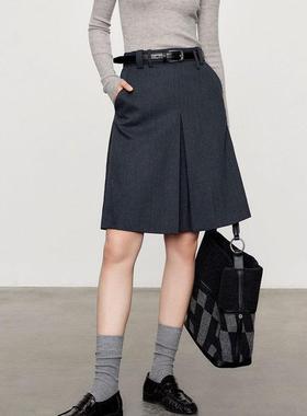 知识分子半裙西装裙女2025春秋高腰修身显瘦百搭A字灰色及膝中裙