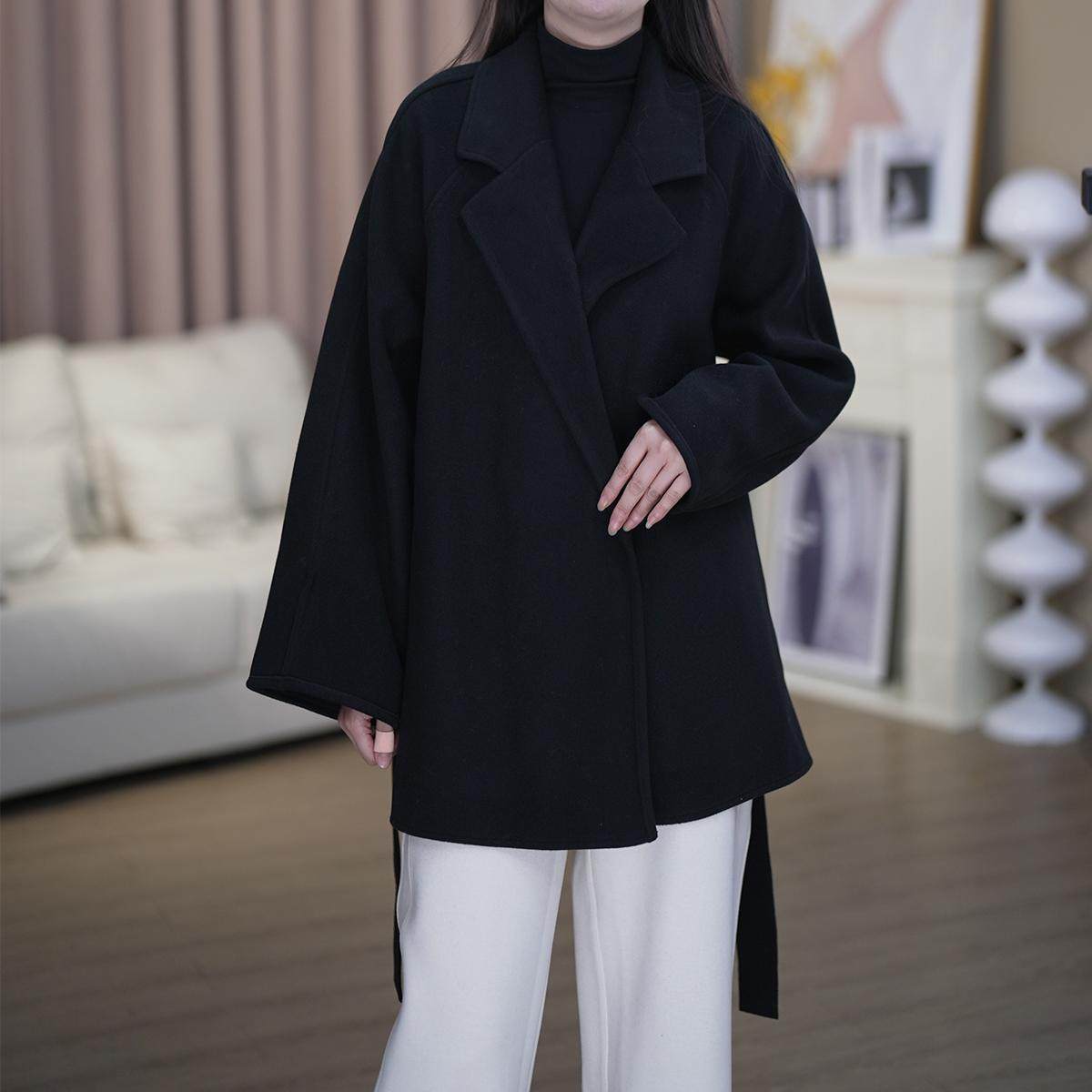 2025新款双面绒大衣女短款小个子韩版宽松经典显瘦毛呢外套潮系带