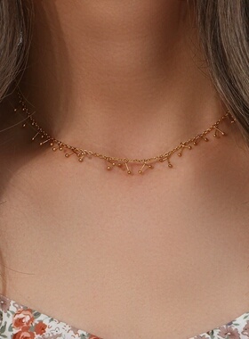 欧美ins跨境摩登热卖百搭锁骨链饰品 手工圆珠交叉弯钩吊坠短项链