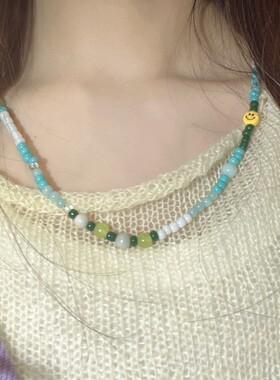 原创设计意大利风情香草蓝莓冰淇淋玛瑙玉髓笑脸锁骨链手链项链女