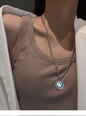 欧美复古笑脸项链女蹦迪长款钛钢