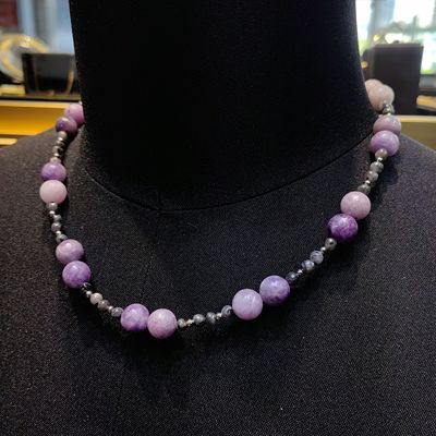 朴拙禅意12mm天然国产紫云母黑闪拉长石淡紫浅灰男女通用项链颈链