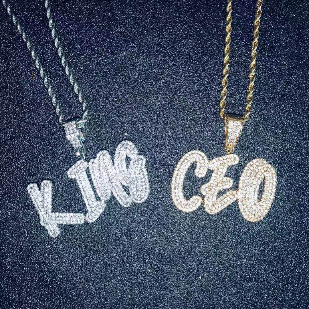 欧美新款DIY锆石可定制英文字母名字吊坠草体签名嘻哈项链锁骨链