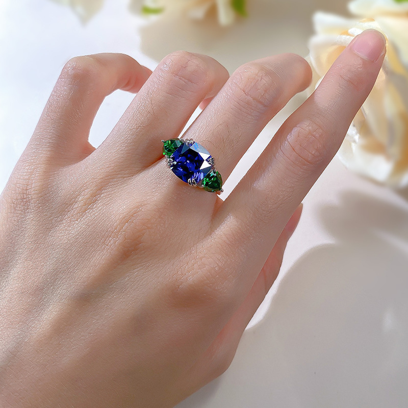 欧美跨境款经典款S925银雷迪恩切工10*10仿真坦桑蓝色高碳钻戒指