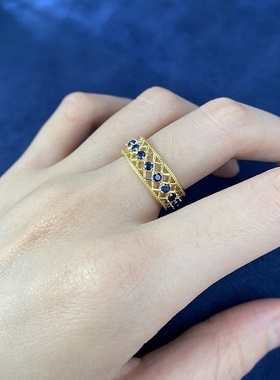 2024新款S925银镀金蓝尖晶宽版欧美跨境ins风排戒指环