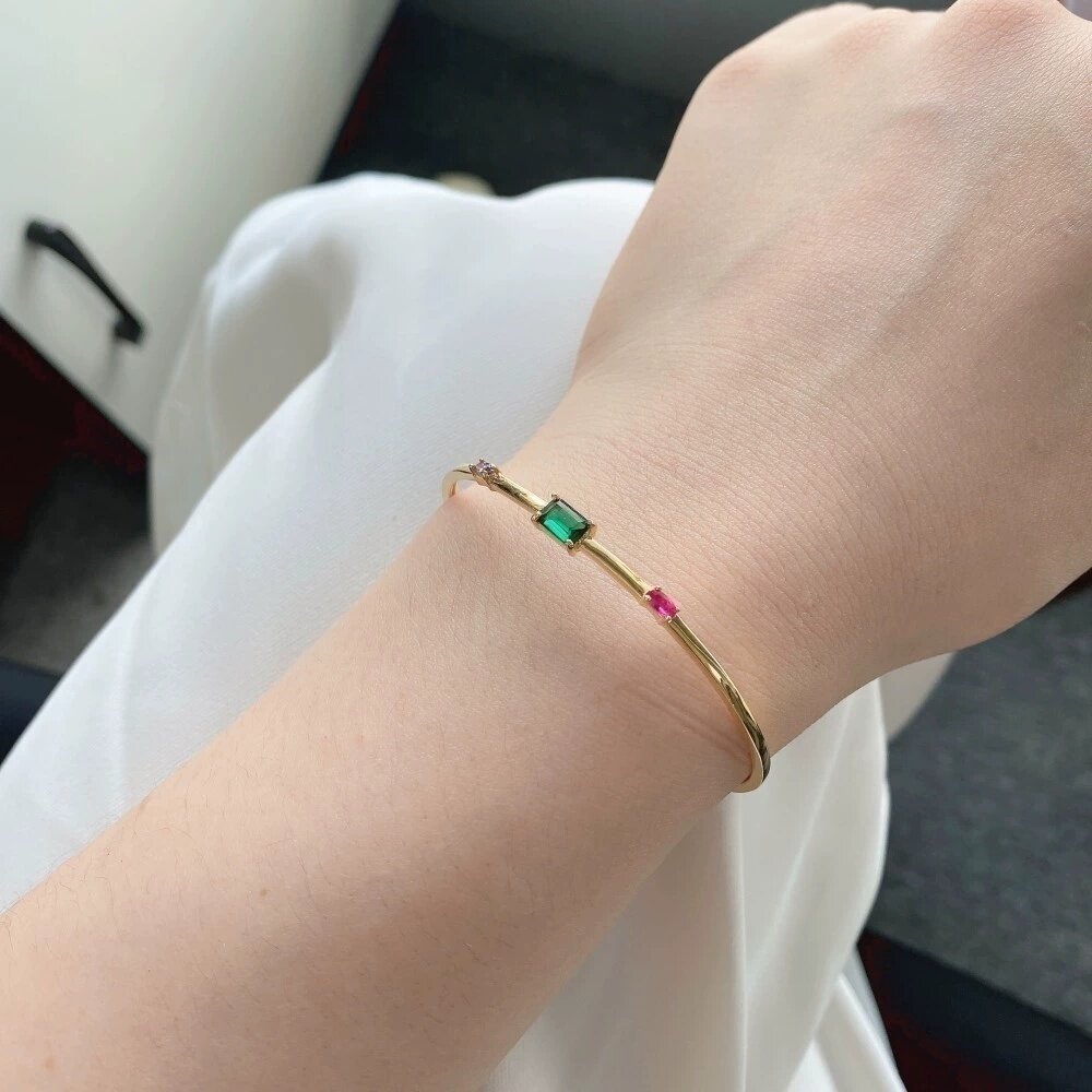 s925纯银开口手镯祖绿宝石女士手链跨境摩登几何型手环银饰