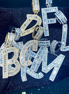 欧美青春潮流hip hop方形微镶锆石26个字母可定制项链男女锁骨链