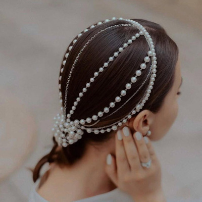 欧美跨境流苏发箍人造珍珠长款流苏发箍手工编织头饰发饰Headwear