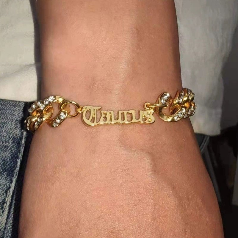 欧美跨境饰品 潮流古字母星座手链 12mm镶钻古巴手饰女Bracelet