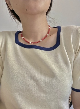 欧美新年本命年大红色米珠天然淡水珍珠项链颈链毛衣链叠戴项链女