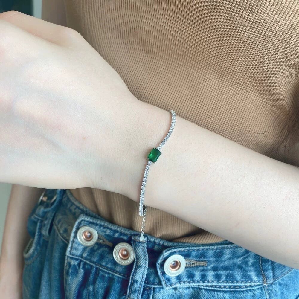 欧美s925纯银手链女摩登豪华潮流手镯绿主钻锆石网球手链跨境