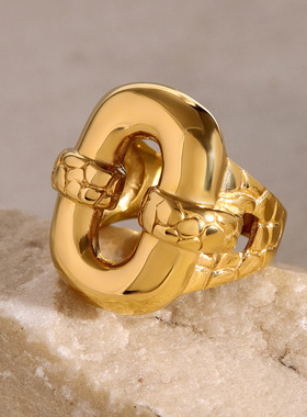 欧美镀18k金不锈钢戒指简约独特设计感小众O形几何龟纹钛钢戒指女