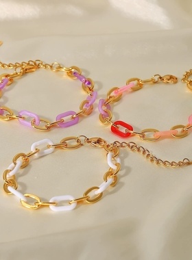INS女式摩登百搭手链18K金薰衣草紫色不锈钢手链彩色树脂钛钢手链