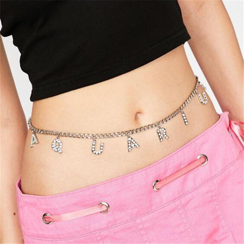 欧美Waist chain摩登水钻镶嵌字母挂坠金属细链腰链腰饰MW2723