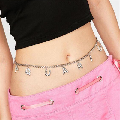 欧美Waist chain摩登水钻镶嵌字母挂坠金属细链腰链腰饰MW2723