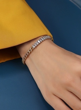 欧美INS摩登新款漂亮半闪亮锆石半18K真金镀金古巴链男女手链饰品