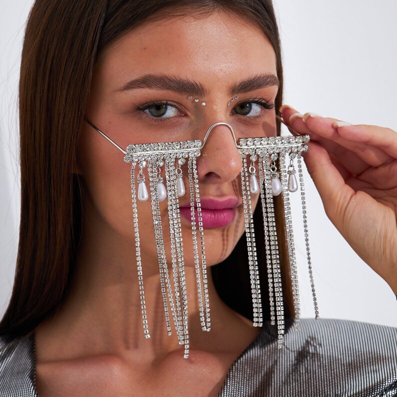 欧美流苏眼镜框无镜片造型感水钻框架眼镜人造珍珠Eyeglass frame