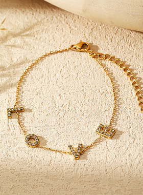 欧美跨境LOVE字母手链纤细镶锆石百搭镀金不锈钢手饰男女款可调节