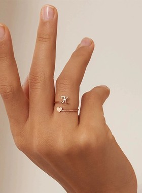 【现货】初始字母戒指26字母指环立体爱心尾戒开口可调节不锈钢