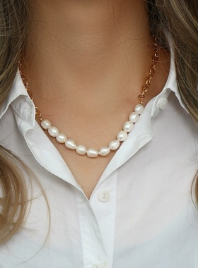 欧美ins摩登潮流气质锁骨链饰品 不锈钢纹路锁链多颗珍珠拼接项链