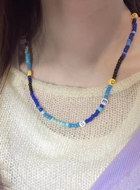 欧美原创设计2024流行青蓝黑色笑脸字母陶瓷米珠项链手链锁骨链