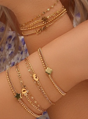 欧美ins摩登简约流行手饰饰品 不锈钢镀18K珠子扭链双层LOVE手链