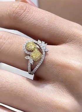 2024新款925纯银镶黄钻戒指时尚百搭气质新款女式戒指