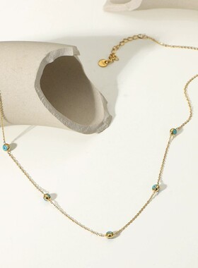 欧美新款热销18K镀金不锈钢项饰镶绿松石圆珠项链INS网红首饰女式