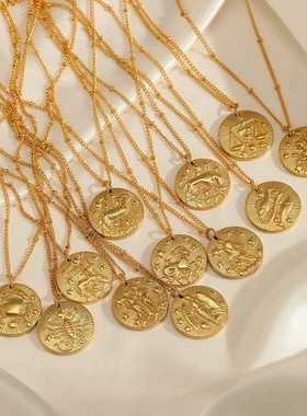 亚马逊爆款十二星座不锈钢项链时尚百搭小众设计感星座浮雕锁骨链