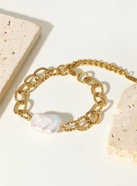 巴洛克风格18K镀金不锈钢手链复古巴洛克淡水珍珠麻花链条手链女