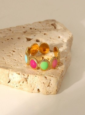 INS彩色不锈钢18k镀金滴油珐琅首饰防水椭圆豆开口戒指指环饰品女